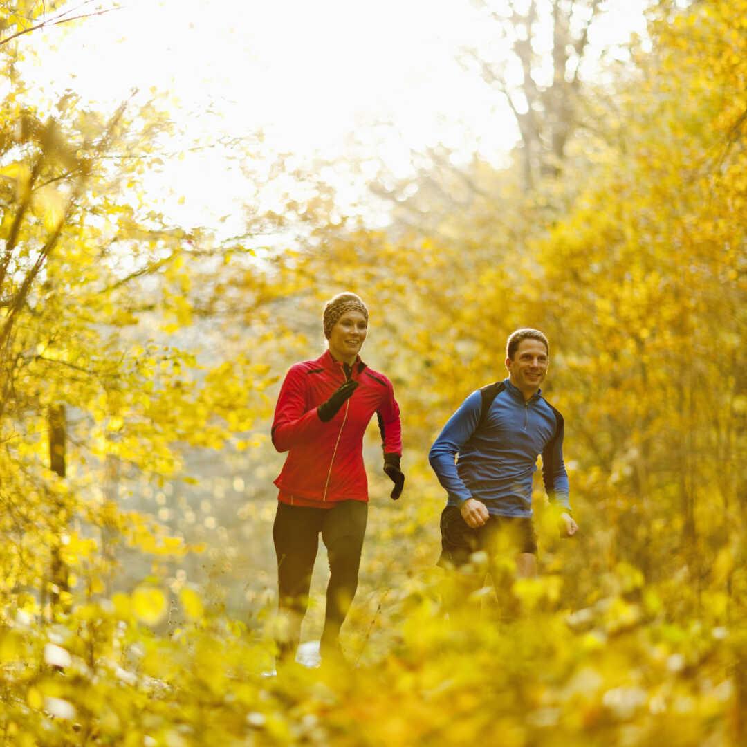Par som joggar i skogen på hösten