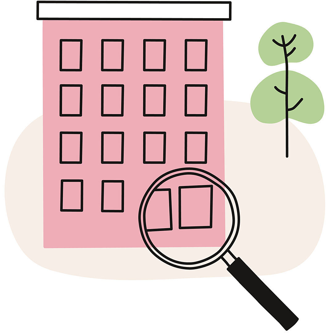 Illustration av en rosa byggnad med ett förstoringsglas och ett träd i bakgrunden