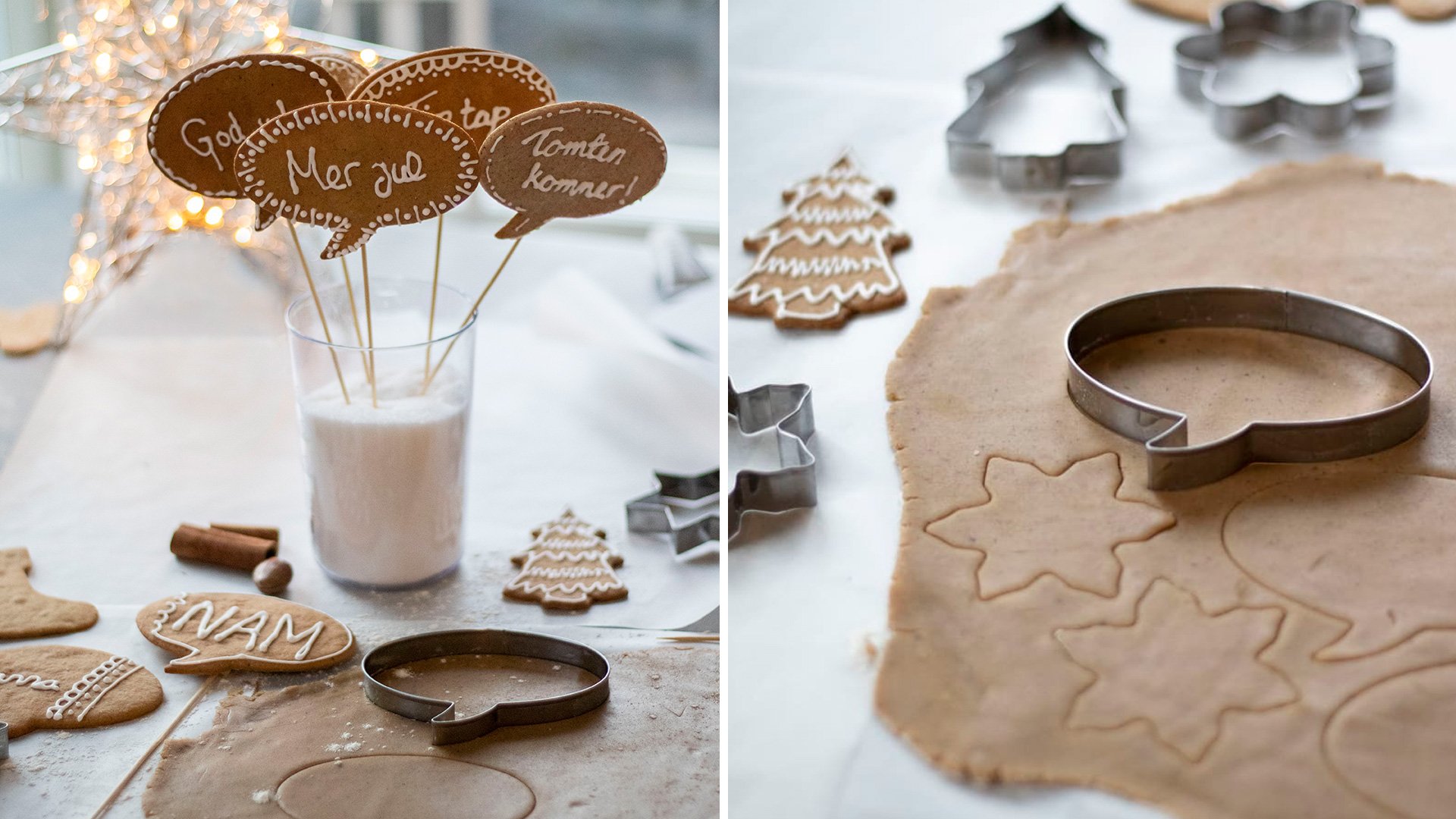 Pepparkaksdeg med utstickare och dekorerade pepparkakor på ett bord tillsammans med glas med mjölk och dekorerade texter i pepparkakor