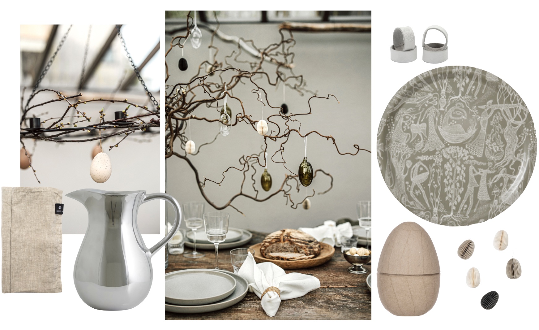 Påskdekorationer med ett bord dukat med grå tallrikar, glas och servetter, en metallkanna, påskägg hängande från grenar och stilrena dekorationer i naturfärger