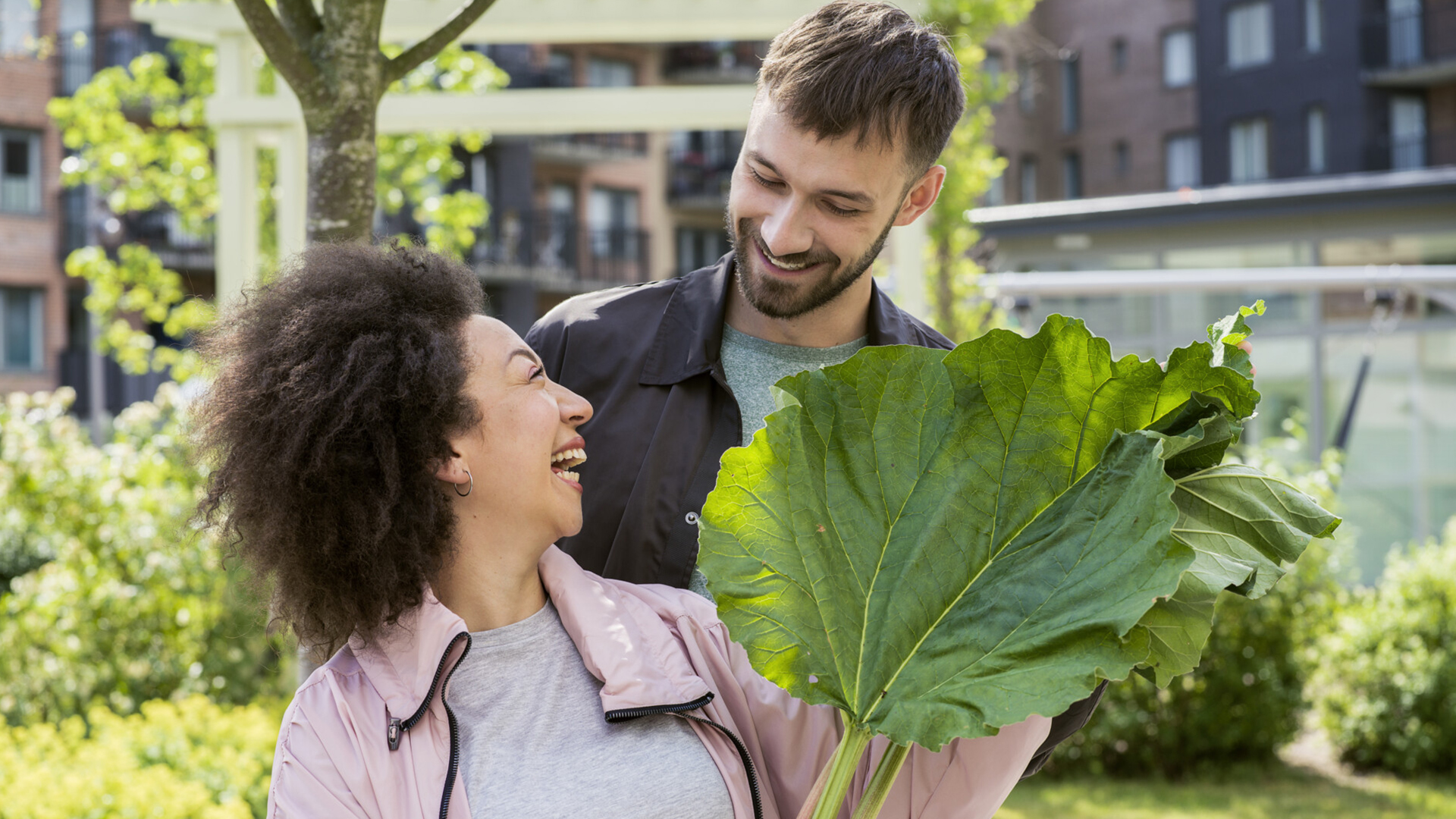 Man och kvinna står tillsammans i en trädgård och håller ett stort rabarberblad