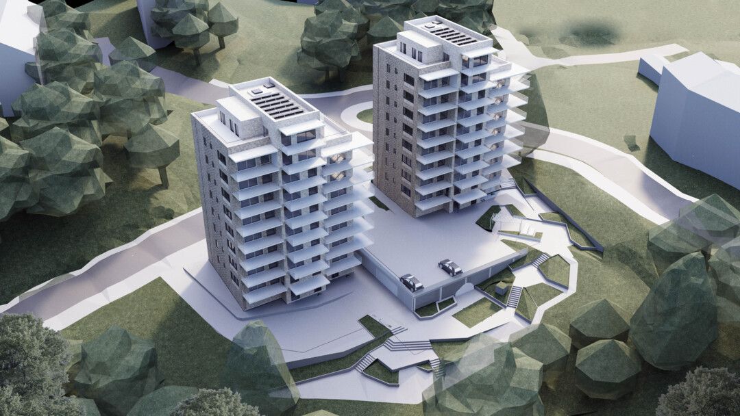 Två moderna flerfamiljshus med balkonger, omgivna av grönska och gångvägar