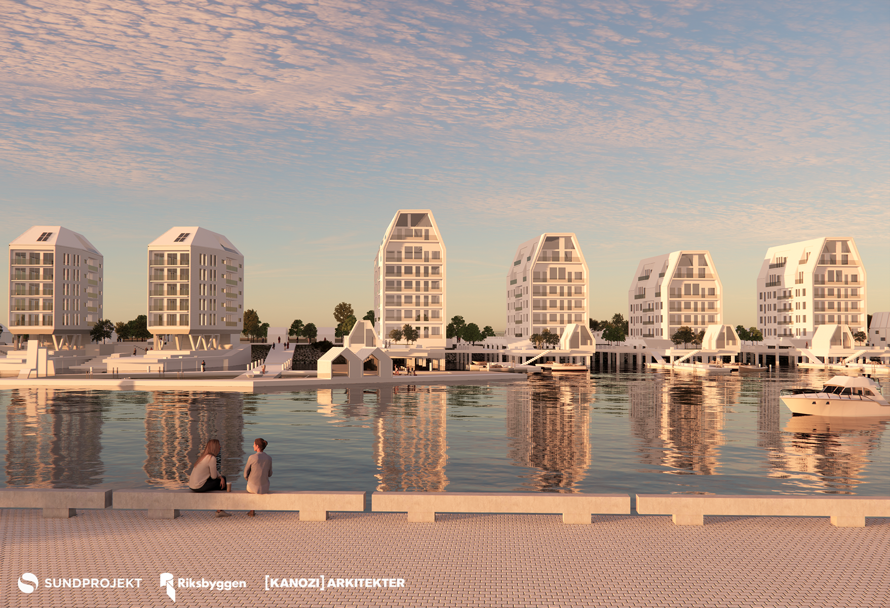 Fem moderna vita flerbostadshus vid en vattenspegel under en solig himmel, med båtar och en kaj i förgrunden