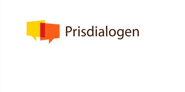 Logotyp för Prisdialogen med två stiliserade pratbubblor i gult och orange samt texten "Prisdialogen" i brunt