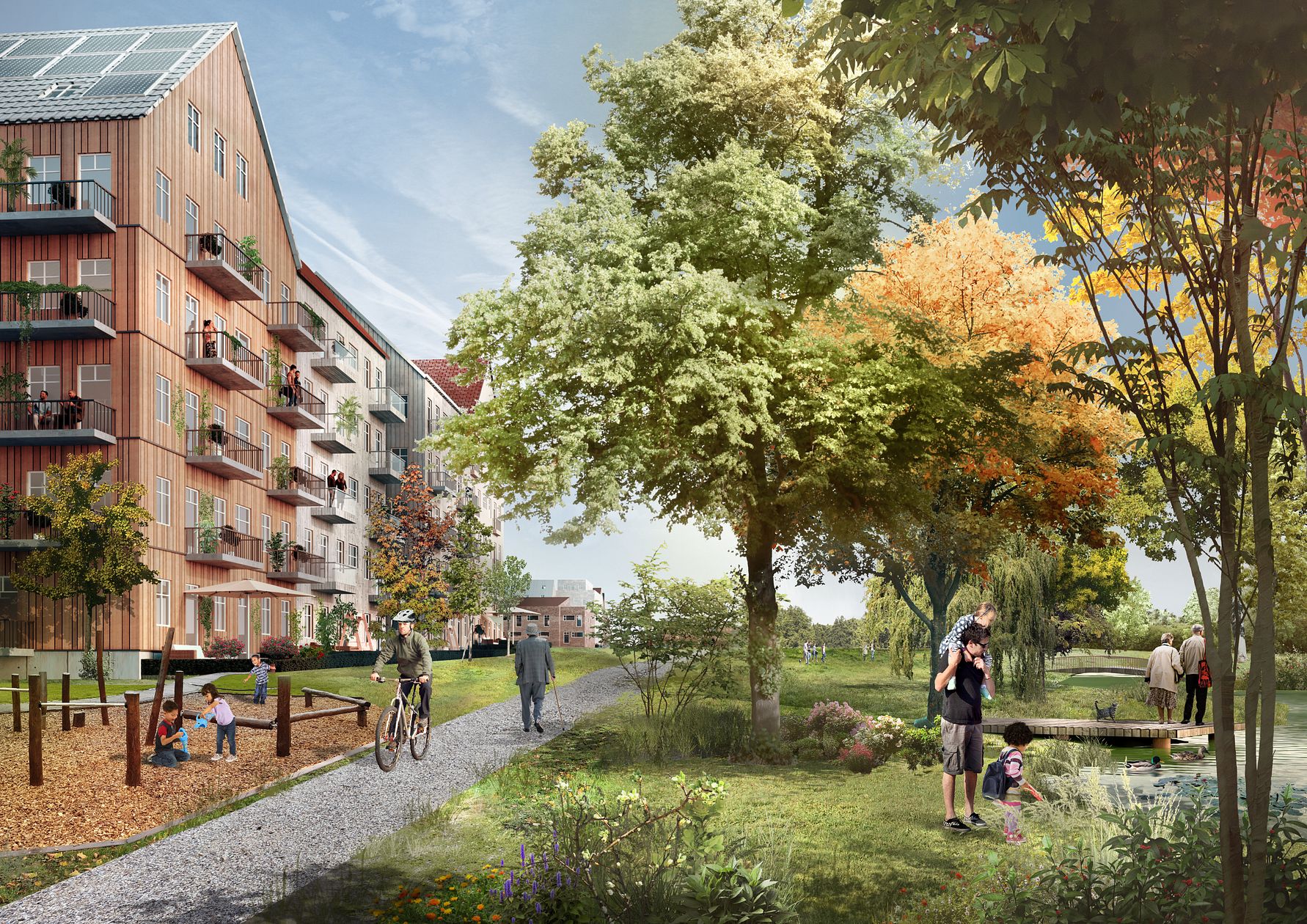 Modern lägenhetsbyggnader vid en grön park med träd, gångväg, lekplats och människor som går, cyklar och umgås