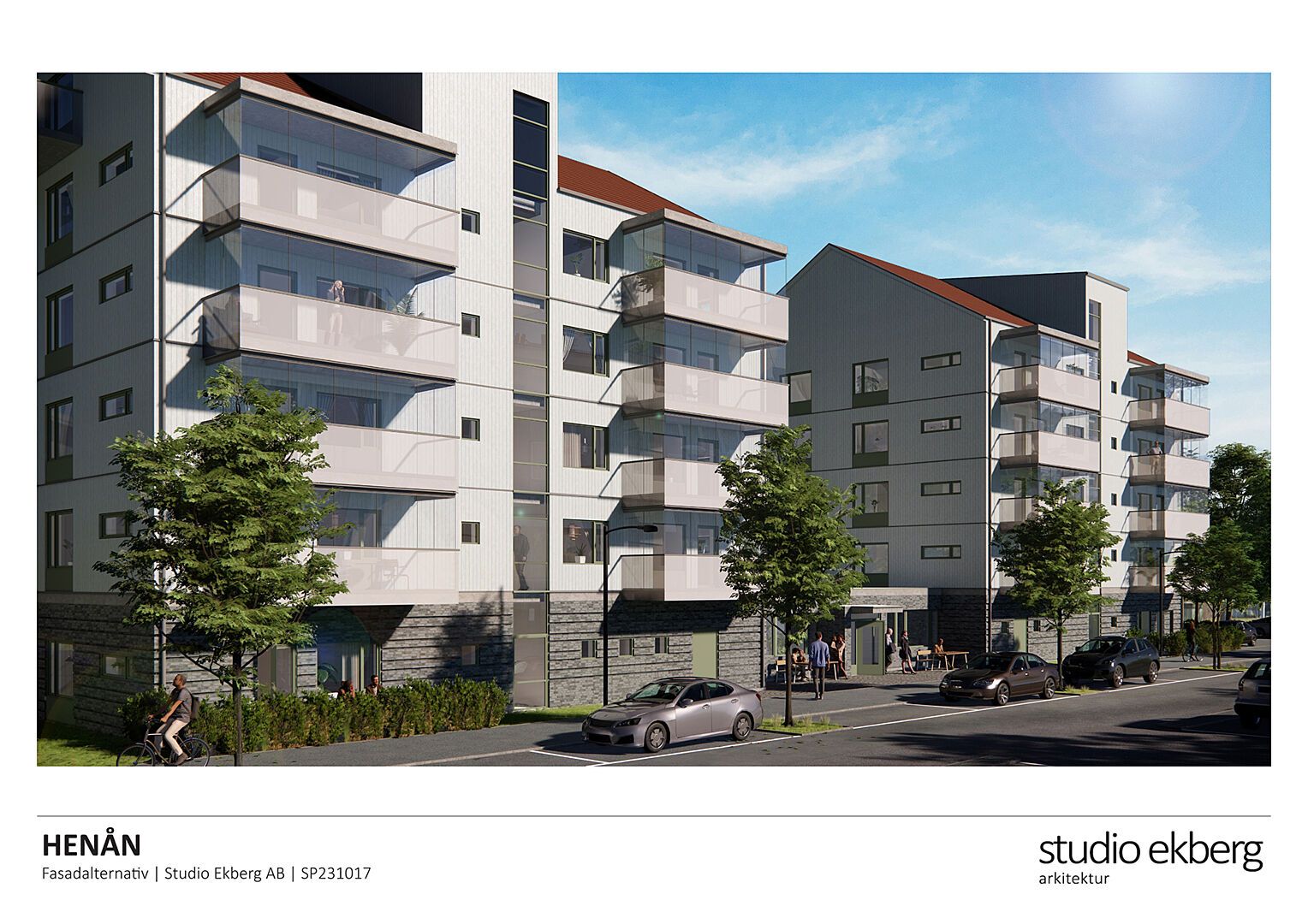 Modern flerfamiljshus med balkonger, stora glaspartier och grönska i förgrunden under en klarblå himmel