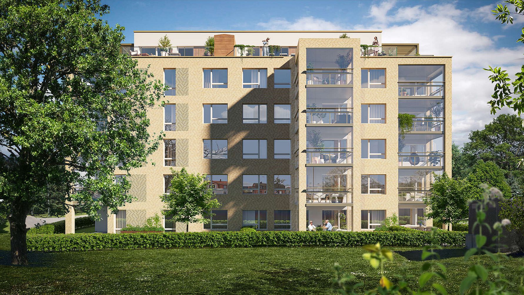 Flerbostadshus med fem våningar, byggt i ljus tegel, omgiven av grönska och träd under en blå himmel