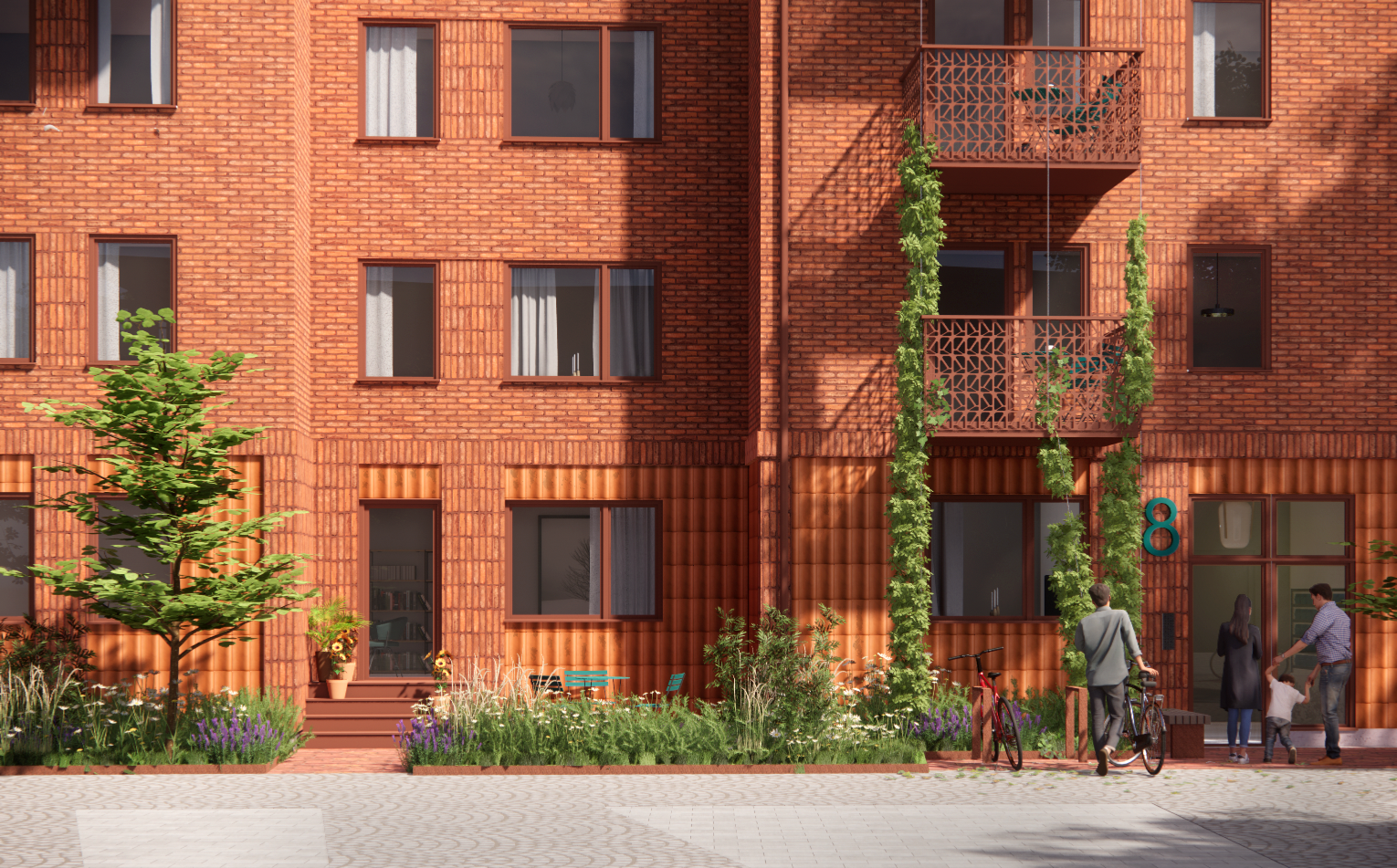 Flerbostadshus i rött tegel med gröna växter, balkonger och människor vid entrén