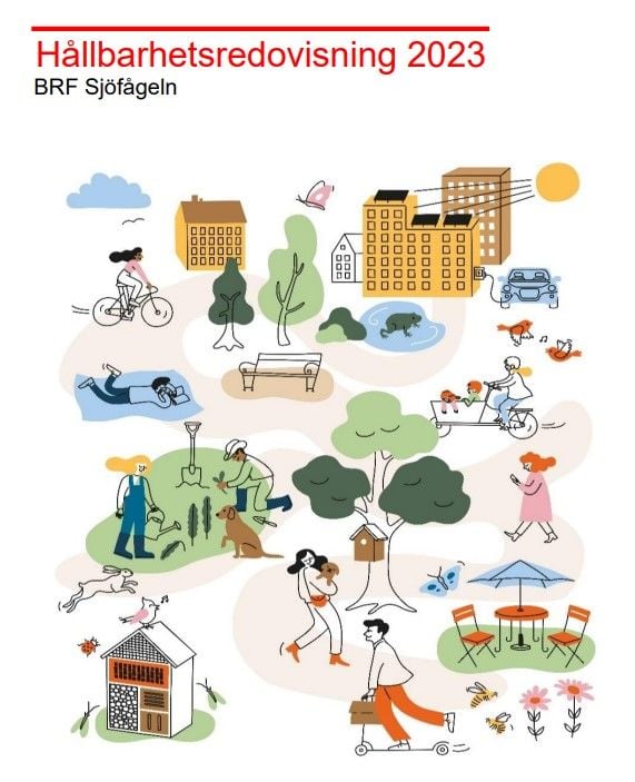 Illustration med människor som utför vardagliga aktiviteter i en parkmiljö, inklusive cykling, promenader och hundrastning, med byggnader i bakgrunden. Texten "Hållbarhetsredovisning 2023 BRF Sjöfågeln" visas högst upp