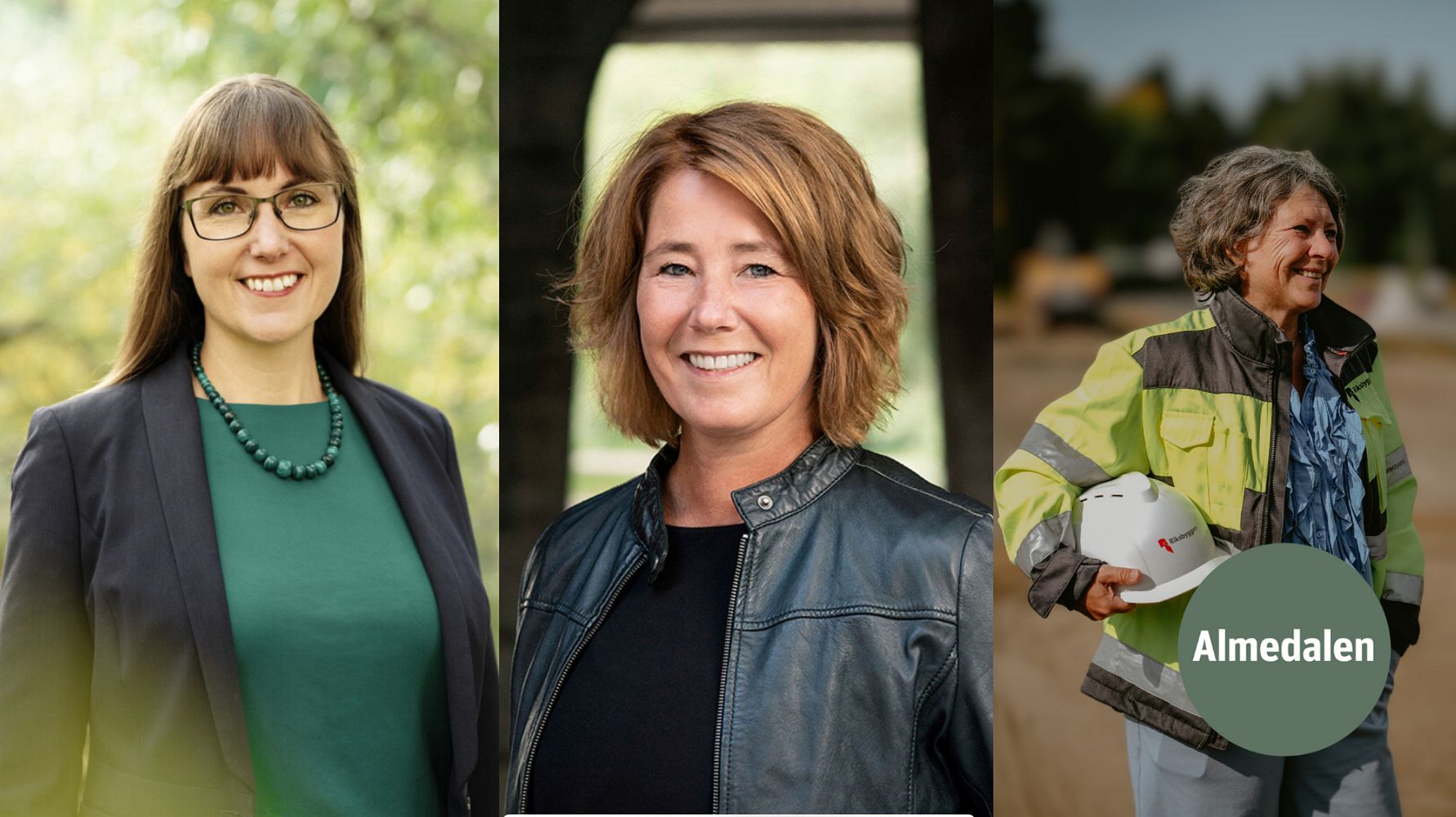 Tre personer i individuella porträtt: en kvinna i grön tröja och kavaj, en kvinna i läderjacka samt en person i arbetskläder med en hjälm i handen. Bakgrunderna inkluderar natur, en arkitektonisk struktur och en byggarbetsplats