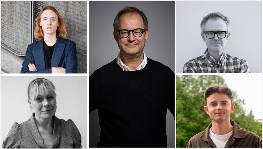 Personer poserar framför olika bakgrunder: en man i blå kavaj framför ett stängsel, en person i svart träning expander