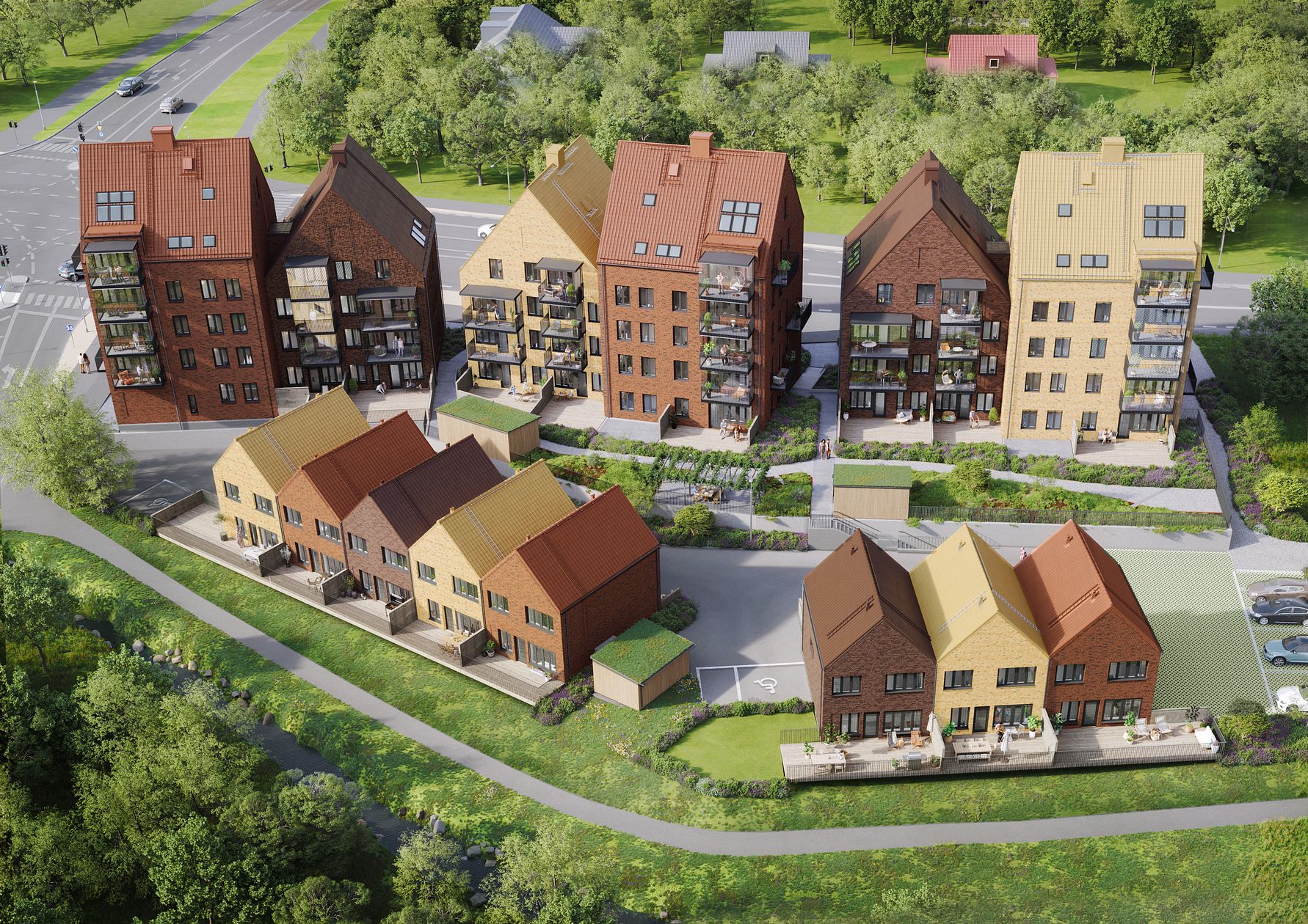 Illustration av ett bostadsområde med flerfamiljshus och radhus, omgiven av grönska och en väg i bakgrunden