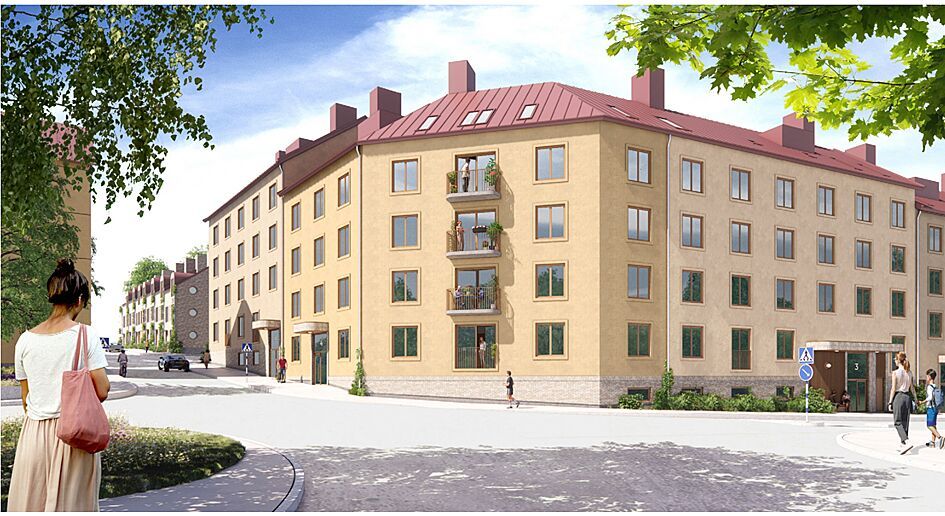 Illustration av ett flerfamiljshus med gul fasad, röda tak, balkonger och gröna inslag, omgiven av trottoarer, vägar och träd