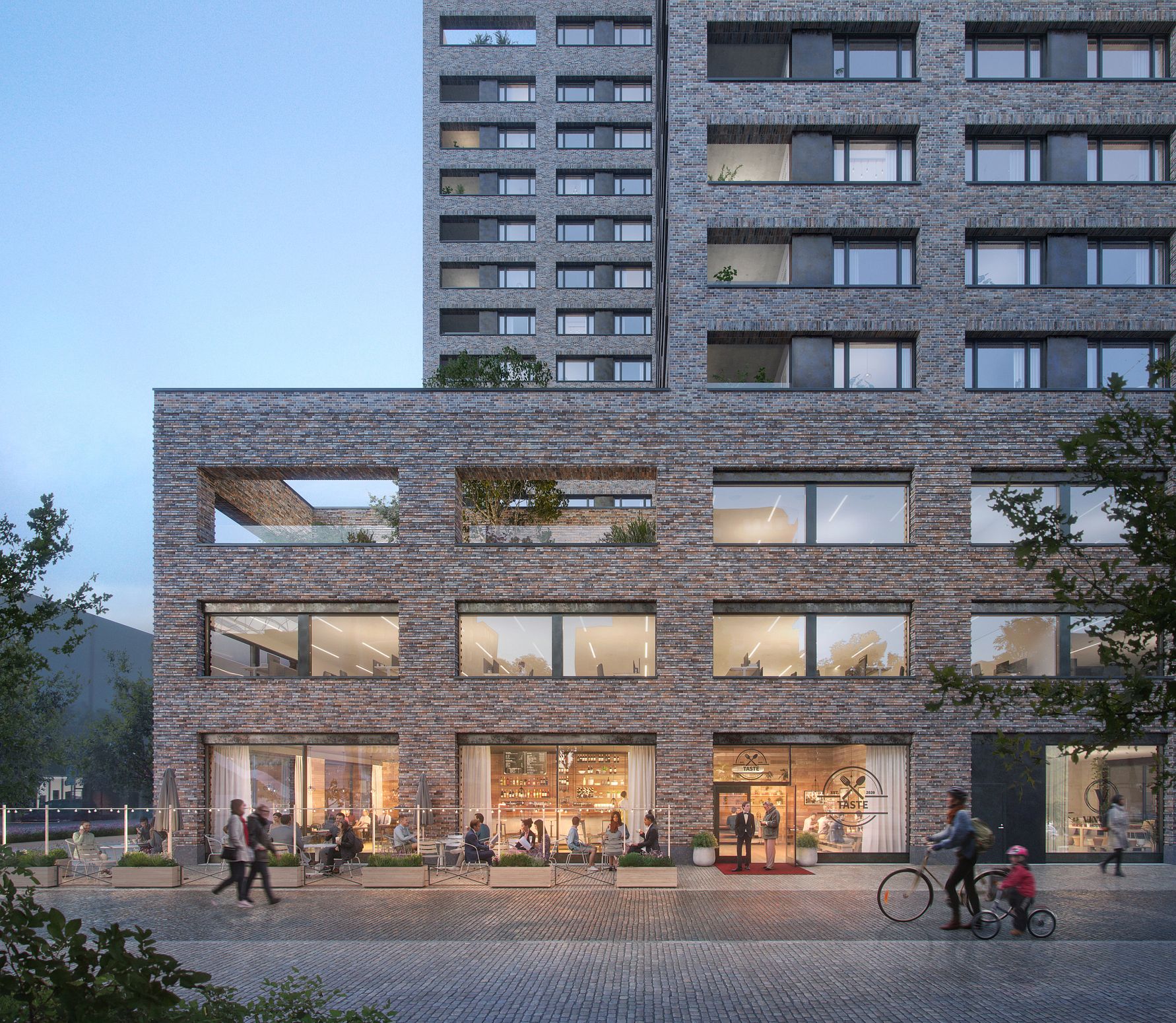 Modern byggnad med fasad av tegel, stora fönster och flera våningar. Människor går och cyklar framför byggnaden