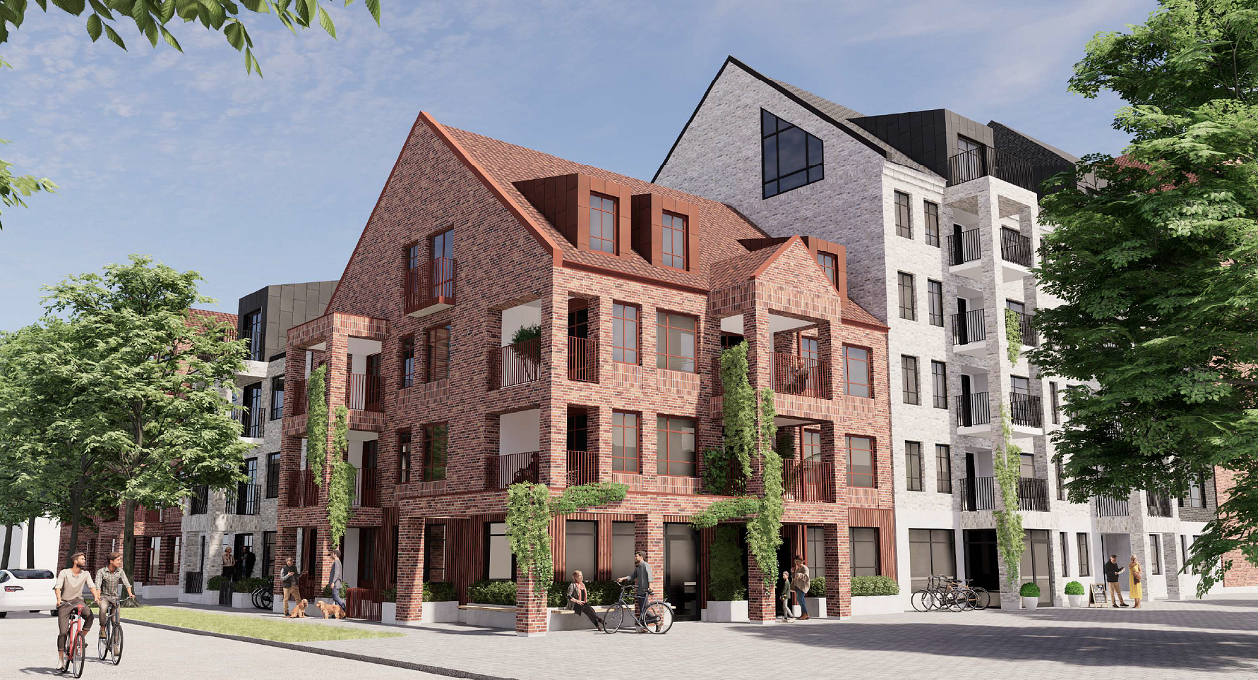 Flera moderna lägenhetsbyggnader med fasader av rött tegel och vitt puts, omgivna av träd och cyklister på en bred gata