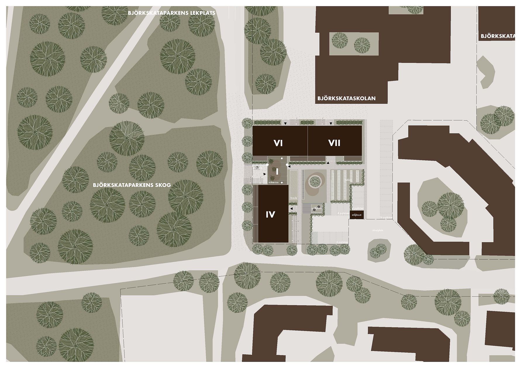 Illustration av stadsplan med byggnader markerade som VI, VII och IV tillsammans med grönområden och stigar