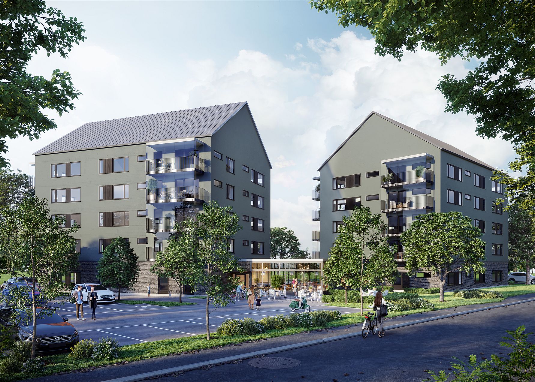 Två moderna flerfamiljshus med grå fasader, glasbalkonger och en gemensam gårdsplats, omgivna av grönska och träd