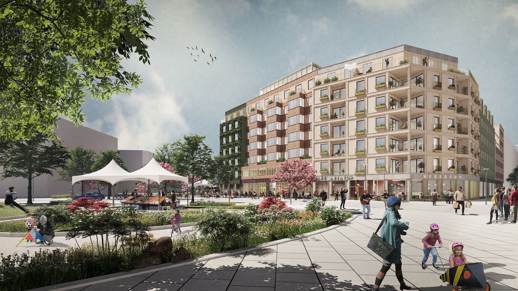 Vy av ett stadsområde med människor som promenerar, en lekplats, träd och en modern flerbostadsbyggnad omgiven av grönska