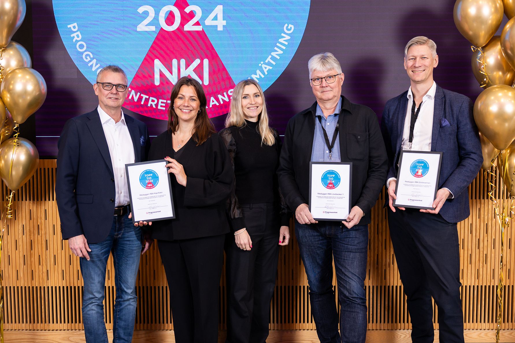 Fyra personer står framför en skylt med texten "2024 NKI Prognos Entreprenadbranschen." Tre av dem håller i diplom. Ballonger är placerade på sidorna