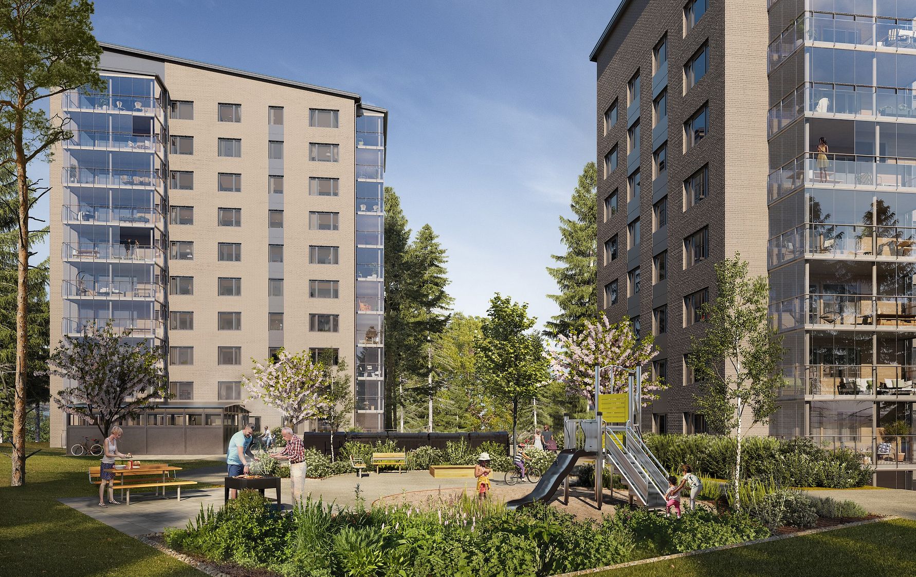 Två moderna flerfamiljshus med glasbalkonger, omgivna av grönska, lekplats och människor som vistas utomhus