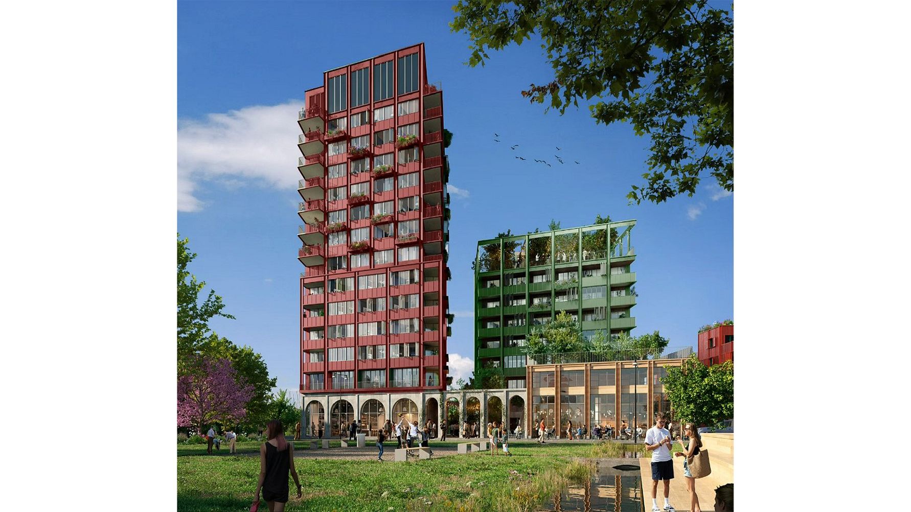 Två moderna flerbostadshus i röda och gröna färger, omgivna av grönska och en öppen park med människor som promenerar