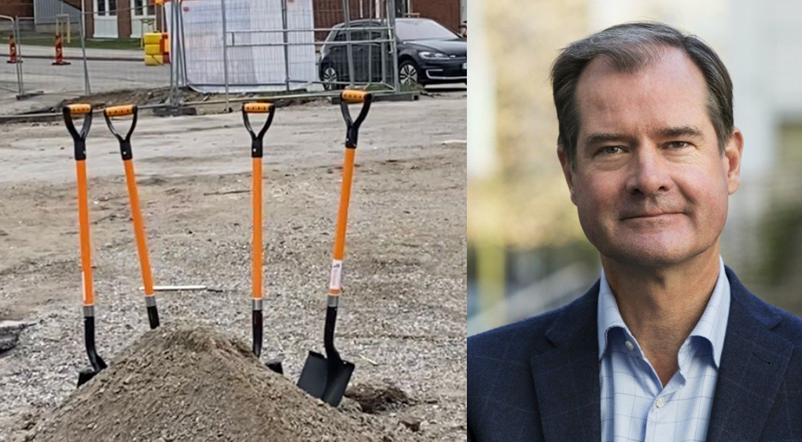 Fyra orangefärgade spadar står uppställda i grus vid en byggarbetsplats, med en hög av jord framför. Till höger syns en man i kavaj