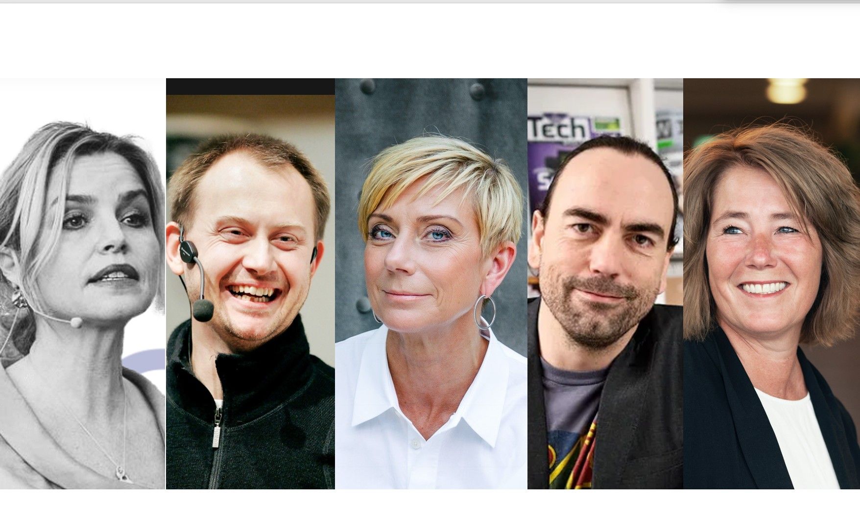 Fem personer står på rad, alla med ansikten utsuddade, iförda olika kläder. Bakgrunden varierar mellan inomhus- och utomhusmiljöer