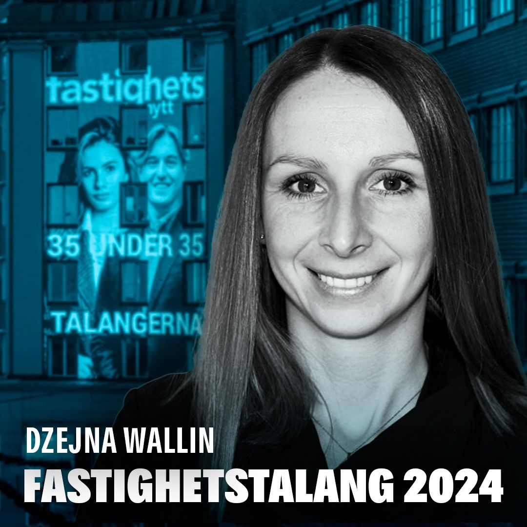 Porträtt av en kvinna med långt hår framför en suddig stadsmiljö med text som lyder "Fastighetstalang 2024", "Fastighetsnytt" och "35 under 35 - Talangerna