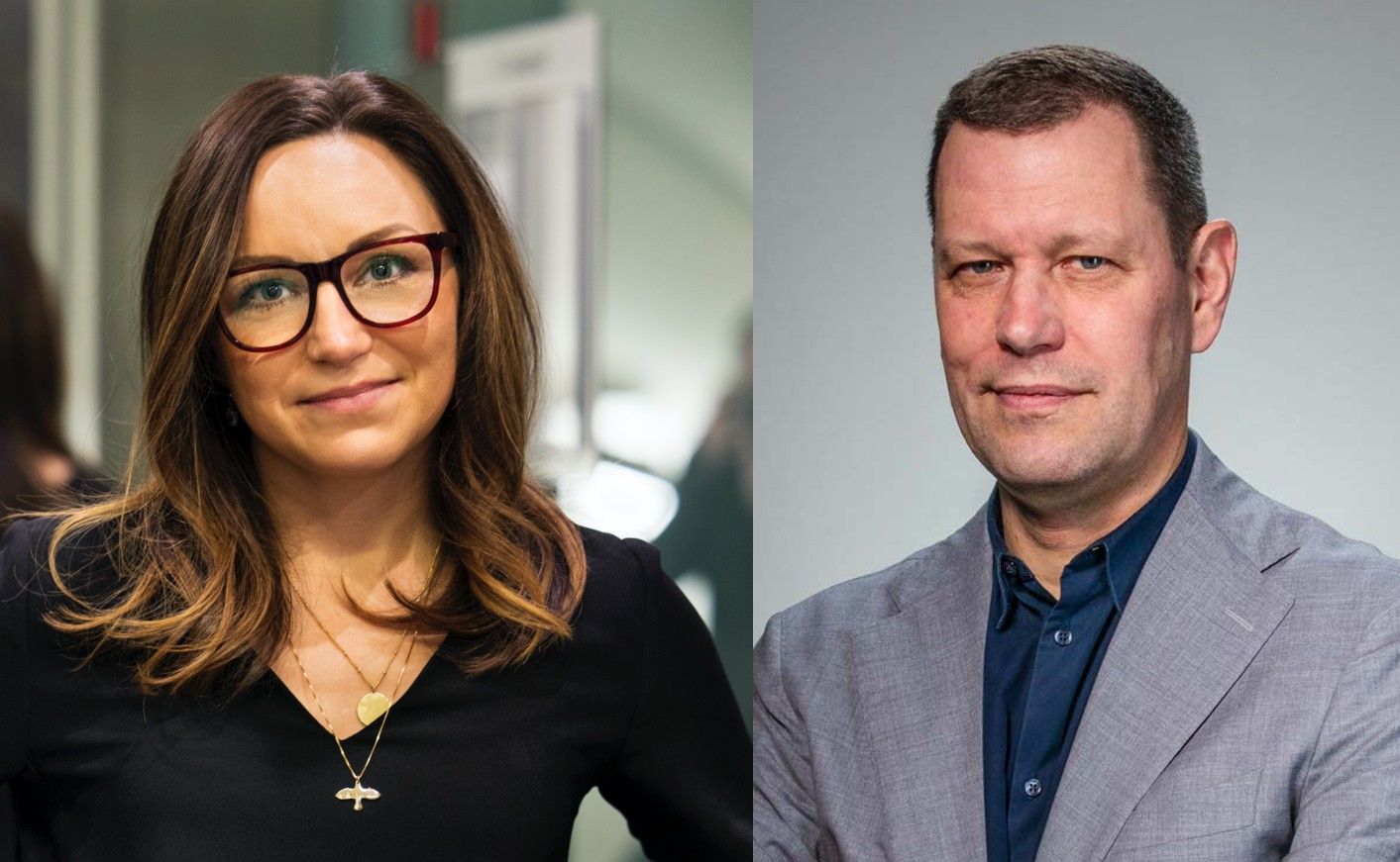 Två personer, en kvinna i svart topp med ett halsband och en man i grå kavaj och blå skjorta, står bredvid varandra i en inomhusmiljö