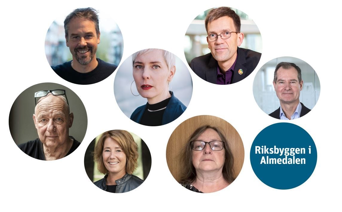 Åtta porträttbilder av personer placerade i en cirkulär layout, med texten "Riksbyggen i Almedalen" i en blå cirkel