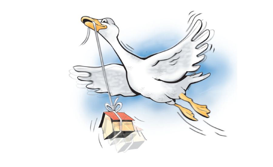 Illustration av en flygande vit gås som håller ett paket med snöre i näbben