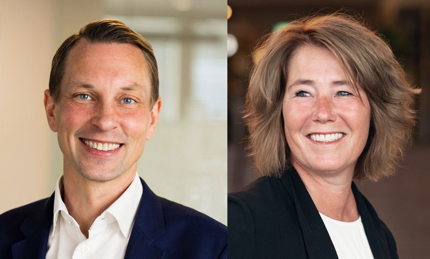 Man i mörk kostym och vit skjorta bredvid kvinna med axellångt hår i mörk blazer och vit topp, i en inomhusmiljö