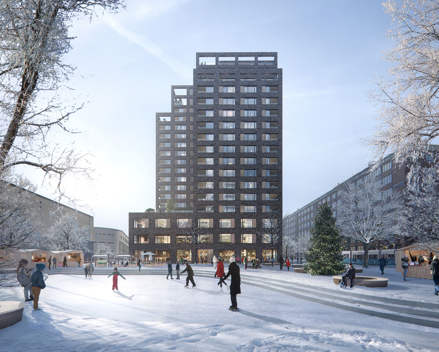 Modern byggnad med flera våningar i bakgrunden, omgiven av en snötäckt torg med människor som skridskoåker och promenerar. Vinterlandskap med träd och en julgran synliga