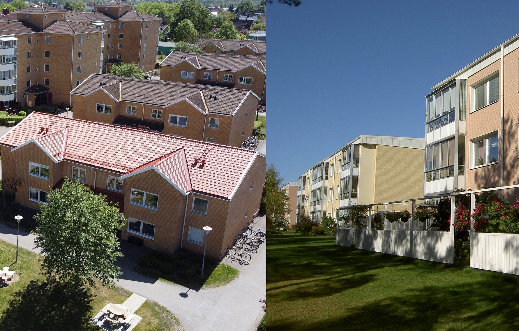 Två olika bostadsområden med flerfamiljshus i tegel, gröna gräsmattor och träd i omgivningen under en solig dag