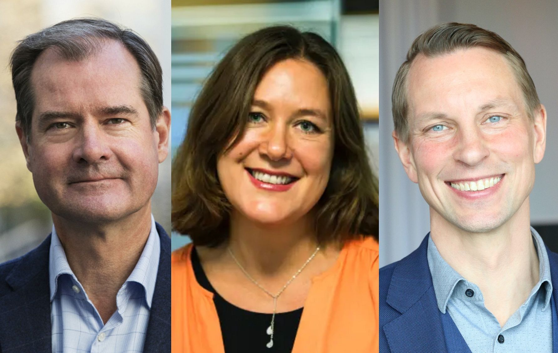 Tre personer i rad står framför olika bakgrunder, klädda i formella och vardagliga kläder