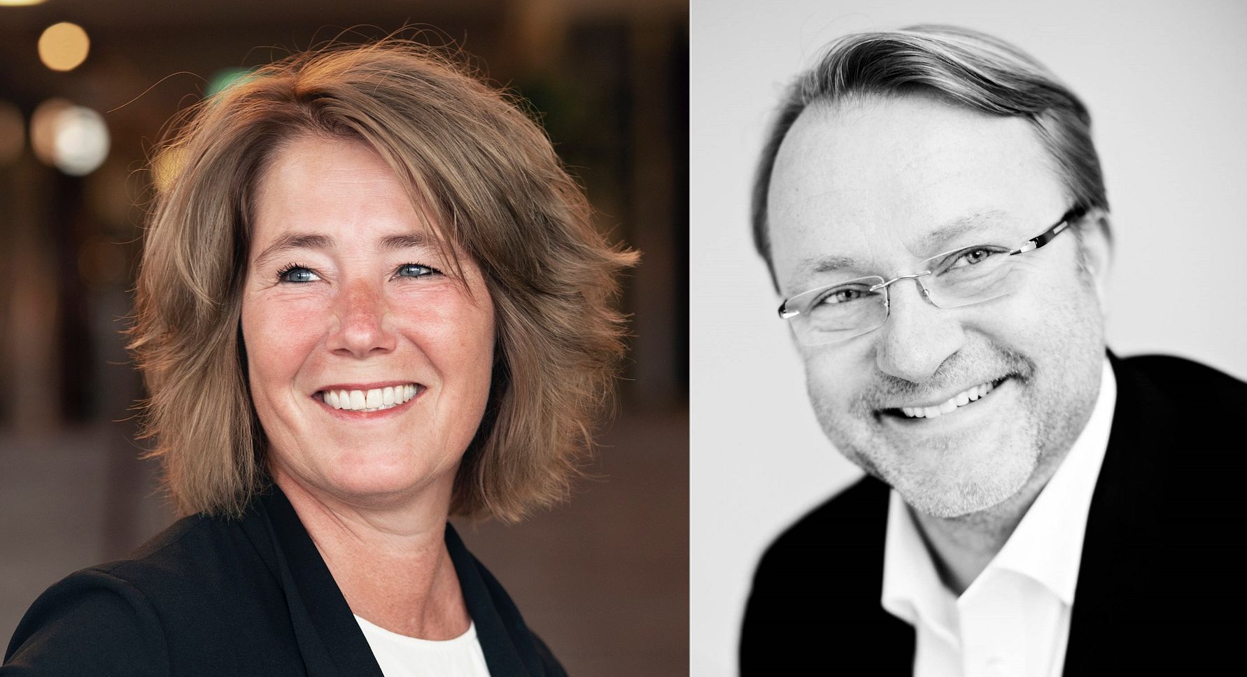 Två personer med suddiga ansikten; en i informell miljö klädd i mörk kavaj och vit tröja, och en annan i en studiofotografering klädd i mörk kavaj och vit skjorta