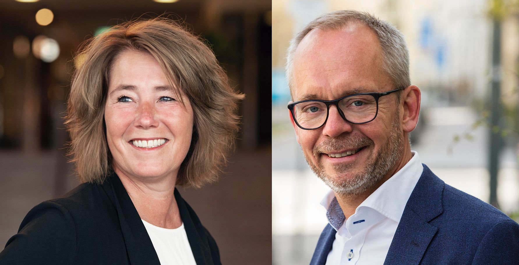 En kvinna med kort brunt hår i en svart kavaj står inomhus; en man med grått hår och glasögon i en blå kavaj och vit skjorta står utomhus