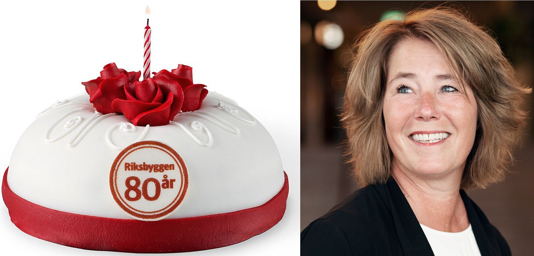 Tårta med en röd ros, ett tänt ljus och texten "Riksbyggen 80 år" bredvid en kvinna med axellångt blont hår