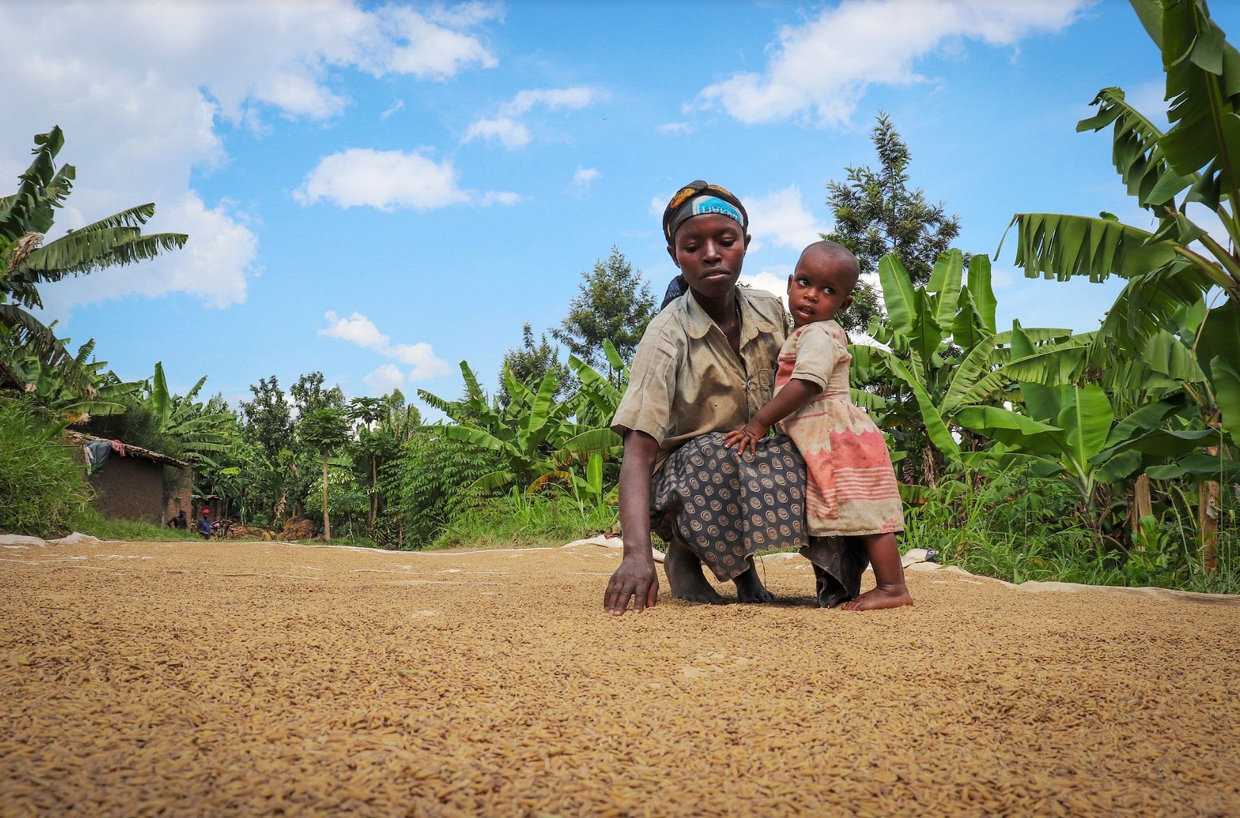 En person sitter på marken omgiven av bananträd och grönska medan de håller ett barn. Bakgrunden visar en klar blå himmel och en lantlig miljö