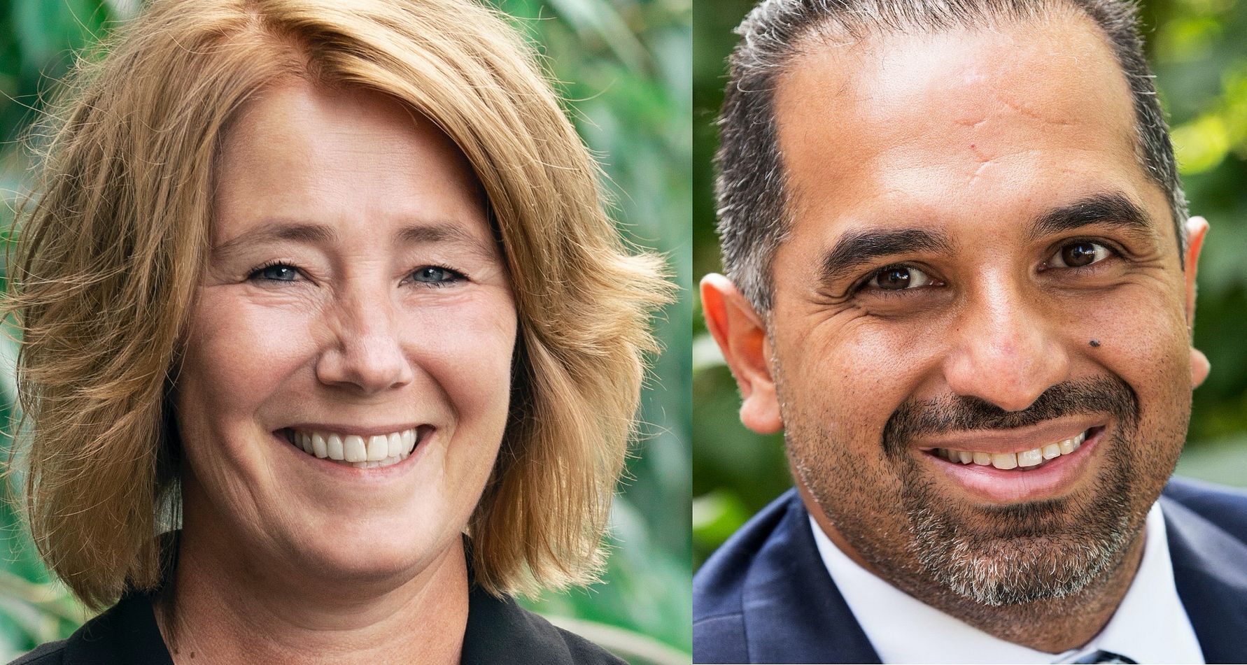 Två personer i formella kläder står framför en grönskande bakgrund