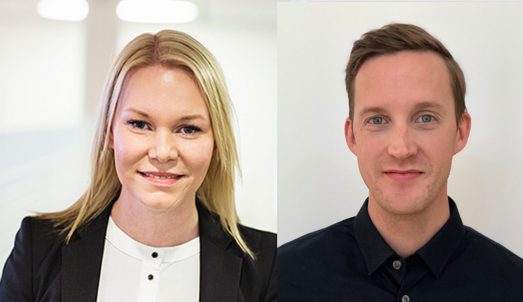 Två personer står mot en ljus bakgrund; den ena bär en svart kavaj och vit topp, och den andra en svart skjorta