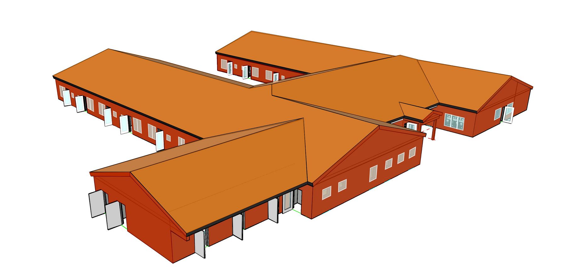 3D-modell av en byggnad med röda väggar och orange tak, bestående av flera sammanlänkade sektioner och fönster