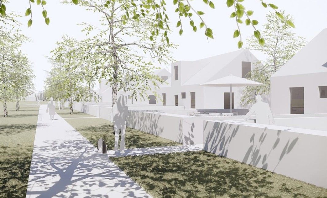 Arkitektonisk illustration av ett bostadsområde med vita byggnader, träd och en gångväg