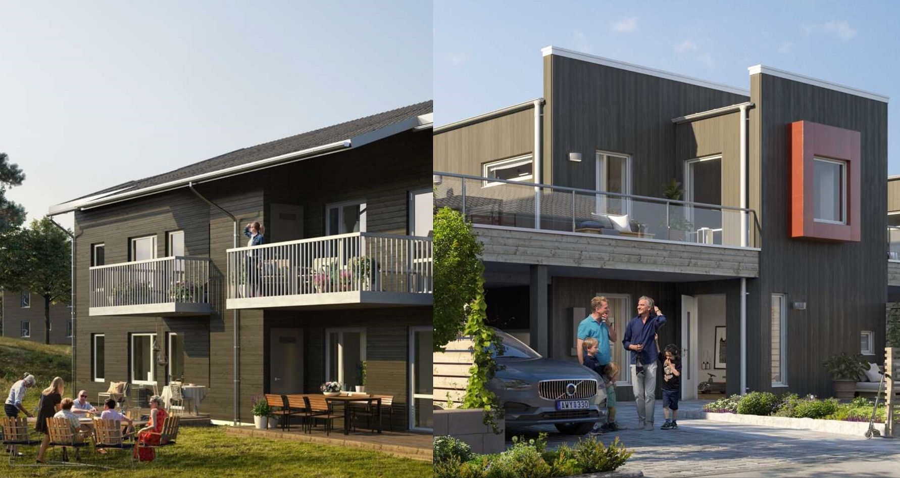 Två moderna bostadshus i trä, ett med balkonger och ett med loftgång, omgivna av grönska med människor som umgås utomhus samt en parkerad bil framför ena byggnaden
