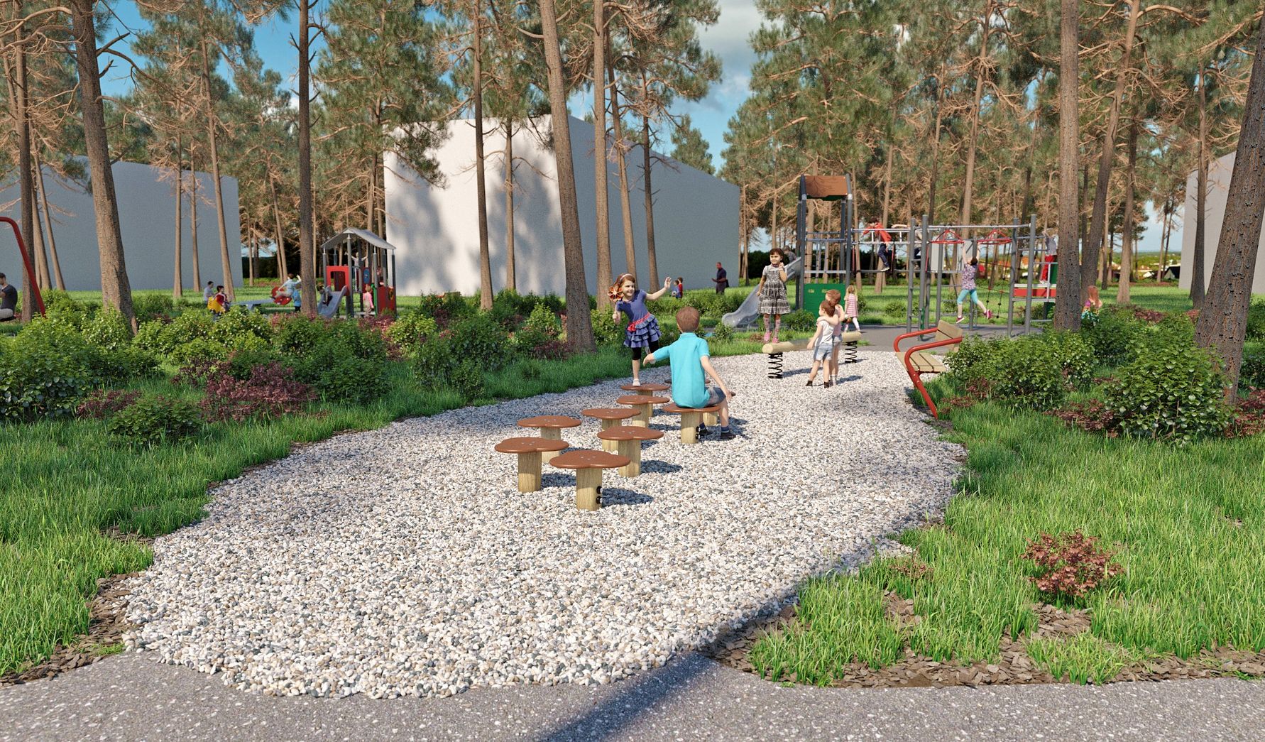 Utomhuslekplats med människor som leker och sitter på bänkar, omgivet av träd, gräsmattor och lekutrustning