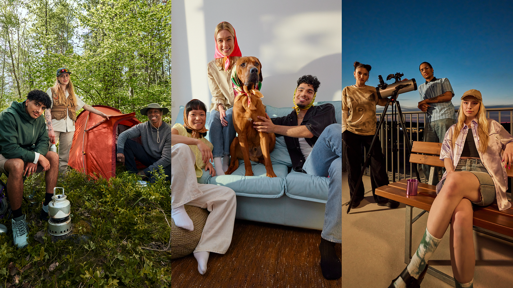 Personer umgås i olika miljöer: vid ett tält i en skog, i en vardagsrumsmiljö med en hund, och på en utomhusplats med kamerautrustning och bänkar