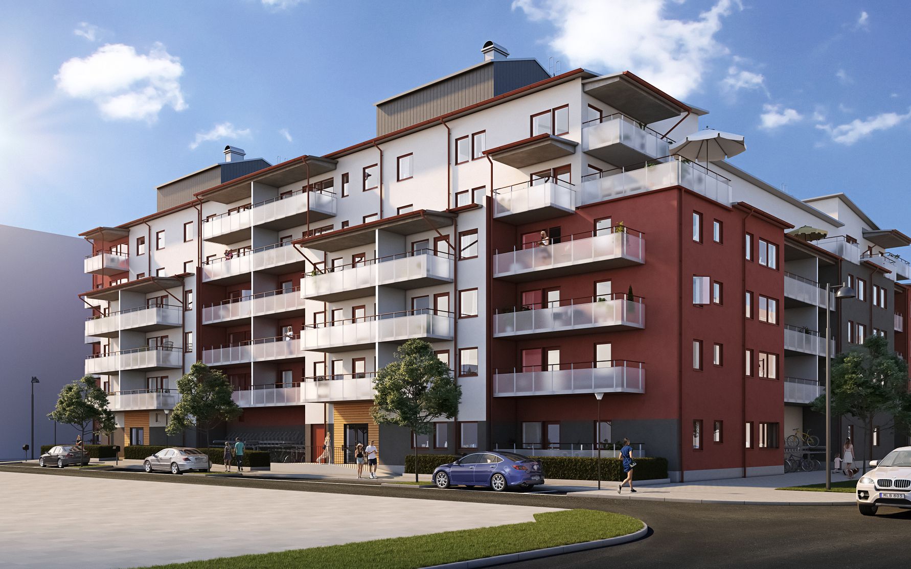 Flerbostadshus med röda och vita fasader, balkonger och moderna arkitektoniska detaljer, omgivna av grönska och parkerade bilar