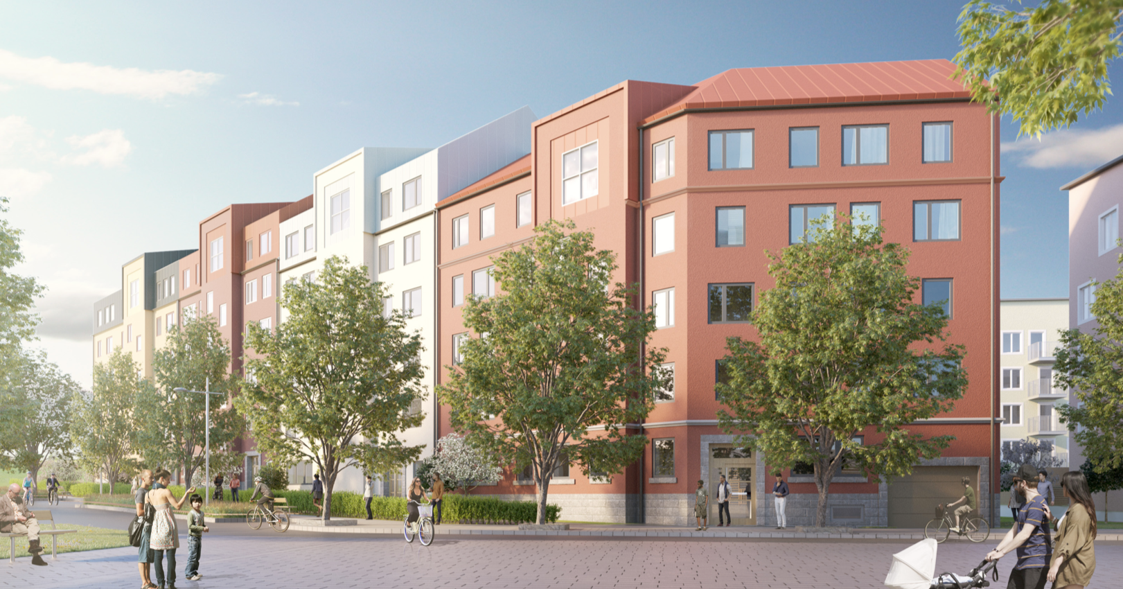 Flerbostadshus i ett bostadsområde med träd, gående människor och cyklister på en solig dag