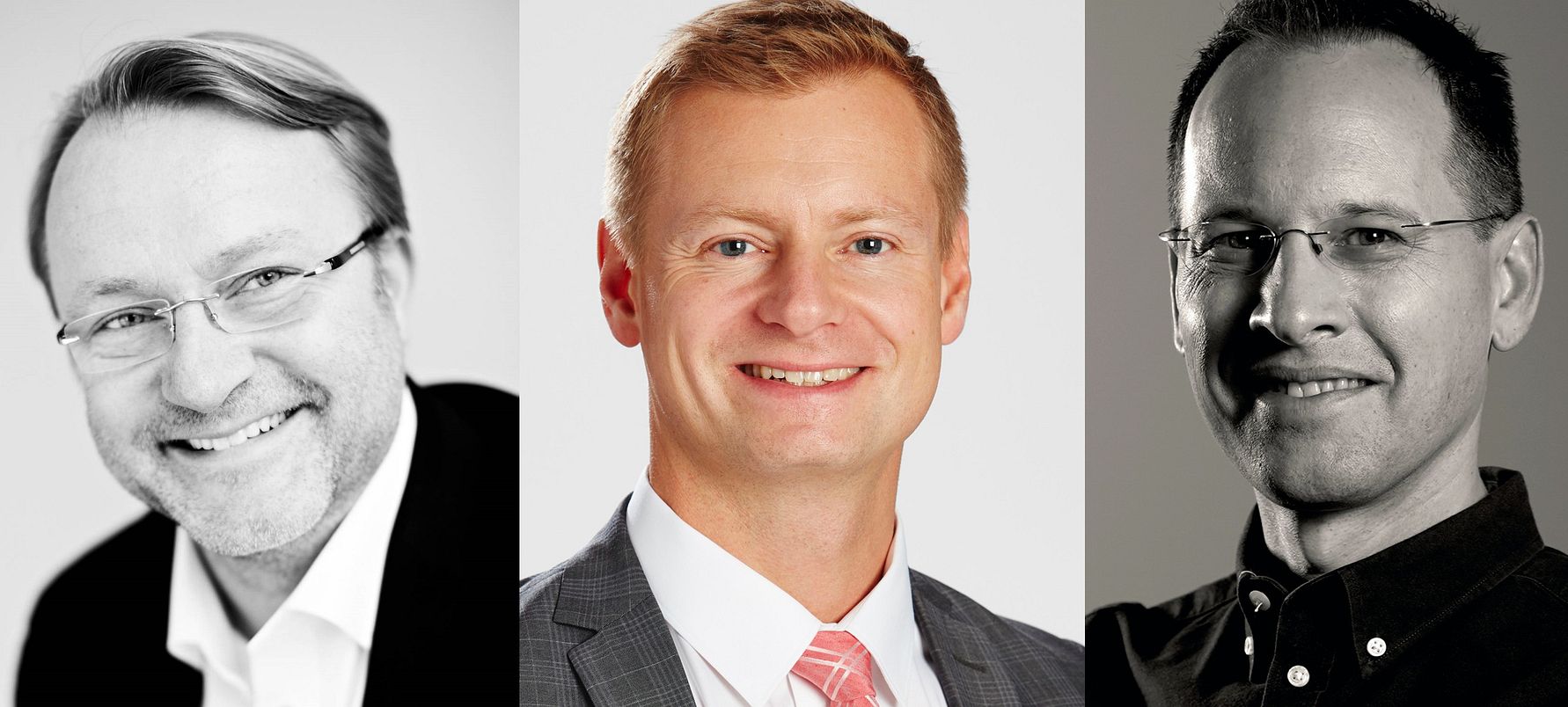 Tre porträttbilder av män i formell klädsel, med mörk kostym och slipsar, mot ljusa bakgrunder