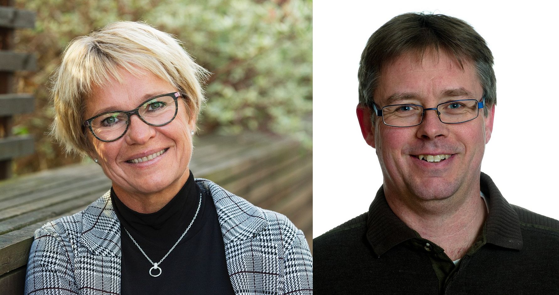 Två personer, en med kort blont hår och en med kort mörkt hår, står eller sitter i olika miljöer. Den ena är klädd i en rutig kavaj och halsband, medan den andra bär en mörk tröja. Bakgrunden innehåller suddiga träd och en trästruktur till vänster samt en vit bakgrund till höger